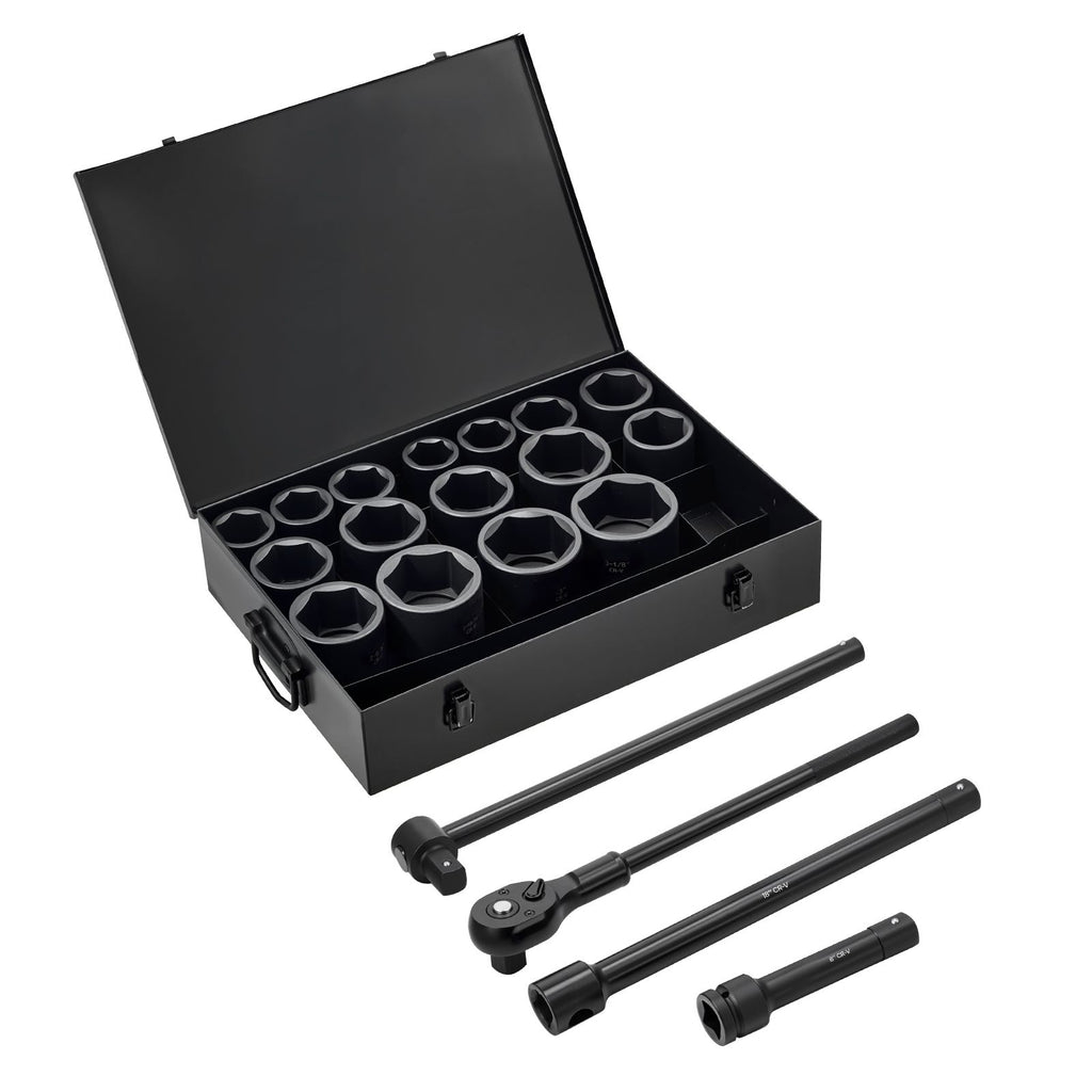 1 in Drive Impact Socket Set, 21 Piece, 6 Point Shallow Impact Sockets, SAE (1-5/8 in to 3-1/8 in), with 8 in & 18 in Extension Bars, 24 in Ratchet, Cr-V Steel, Size Marking, and Carrying Case