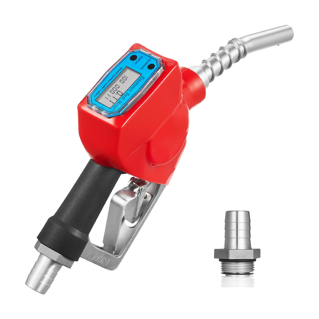 1 Inch Barb Digital Fuel Nozzle with Swivel, Max Flow Rate 12.6 GPM, Auto Shut Off Diesel Gas Pump Nozzle with 3/16 in (OD=20 mm) Spout & Digital Display, Used for Gasoline, Diesel, Kerosene Red