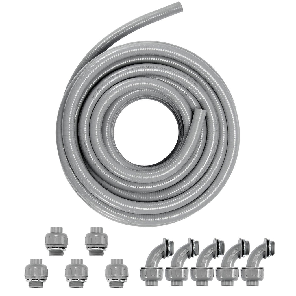 1-Inch Flexible Electrical Conduit, 100 ft, PVC Liquid-Tight Conduit Non-Metallic with 5 Straight and 5 90-Degree Conduit Connector Fittings, for Air Conditioning Motor Controller Pump, IP65