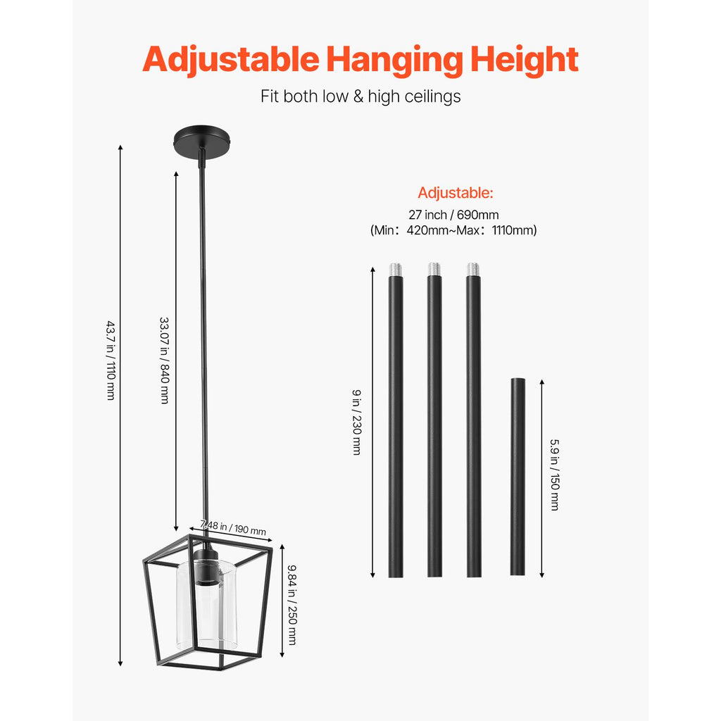 1-Light Black Pendant Light, 1 Pack, Farmhouse Iron Cage Metal Pendant Lighting with Clear Glass Shade, Adjustable Height Hanging Ceiling Lighting for Bedroom, Hallway, Entryway, Kitchen
