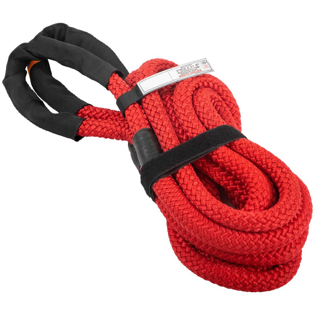 1\" x 31.5\' Recovery Tow Rope, 33,500 lbs, Heavy Duty Nylon Double Braided Kinetic Energy Rope with Loops and Protective Sleeves, for Truck Off-Road Vehicle ATV UTV, Carry Bag Included, Red