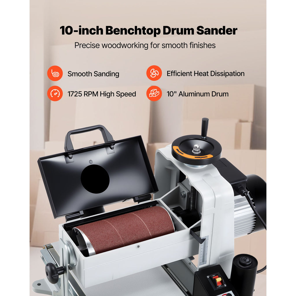 10" Benchtop Drum Sander, 1HP 1725RPM Dual Motor Drum Sander for Woodworking - Variable Speed Conveyor Belt & 4" Dust Collection Port for Cabinet Making & Furniture Finishing image 2