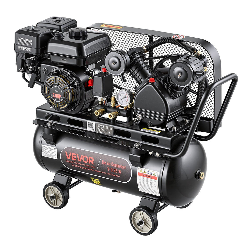 10 Gallon Gas Powered Air Compressor, 7HP 4.7CFM at 90 PSI Air Tank, Gas-Driven Air Compression System with Twin Cylinder Piston Pump, 115 PSI Max Pressure, 4 Wheels for Workshops Constructions