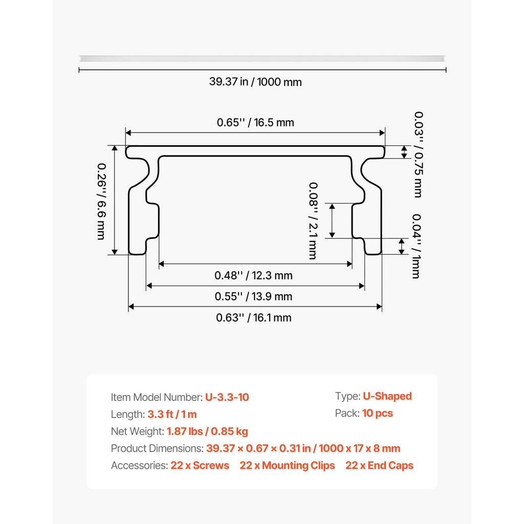 10-Pack 3.3 ft/1M U Shape LED Aluminum Channel, with Milky Cover, End Caps and Mounting Clips, Aluminum Profile for LED Strip Light Installations, Easy Installation, for Under Cabinet Counter