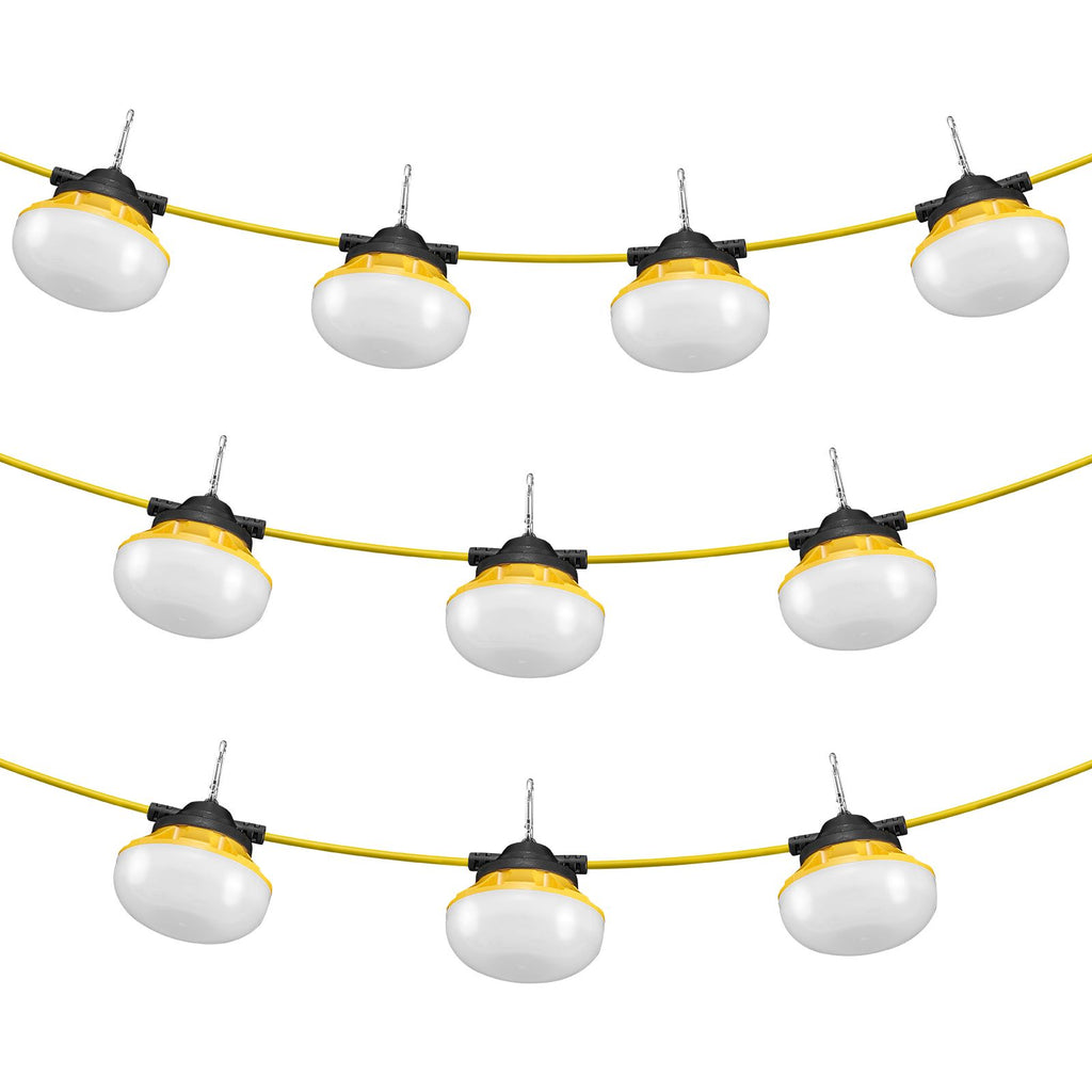 100FT Construction String Lights, 100W 10000LM, 10PCs String Work Light, 5000K, IP65 Waterproof, with Hanging Hooks, for Construction Site, Temporary Lighting Indoor & Outdoor, ETL Listed