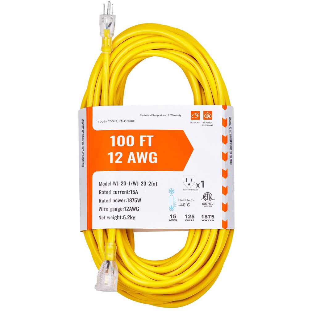 100FT Heavy Duty Extension Cord, 12AWG 15Amps 1875W, 3 Prongs Indoor Outdoor Electric Cord with Lighted End, Flexible & -40 Celsius Cold-Resistant for Lawn, Garage, Home Use, ETL Listed