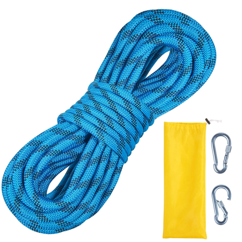10.5 mm Static Climbing Rope, 9.7M(32ft) Outdoor Rock Climbing Rope 25KN Breaking Tension, Fiber Rope with Steel Snap Hooks for Escape, Rappelling, Fire Rescue, Blue
