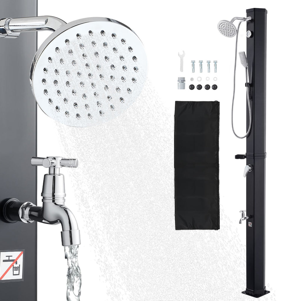 10.6 Gal Solar Heated Shower, 6.7ft Showerhead Height Outdoor Shower, with Handheld & Foot Faucet, Hot & Cold Water Adjustment, Freestanding for Backyard Poolside Beach Pool, Black