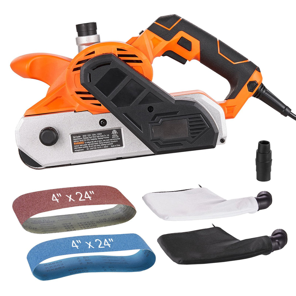 10AMP Belt Sander, 4" x 24" Belt Sanders for Woodworking with 6 Speeds 274-480 m/min, Powerful Sander Machine with 2 in 1 Vacuum Adapter, 2 Dust Bags, 2 Sanding Belts