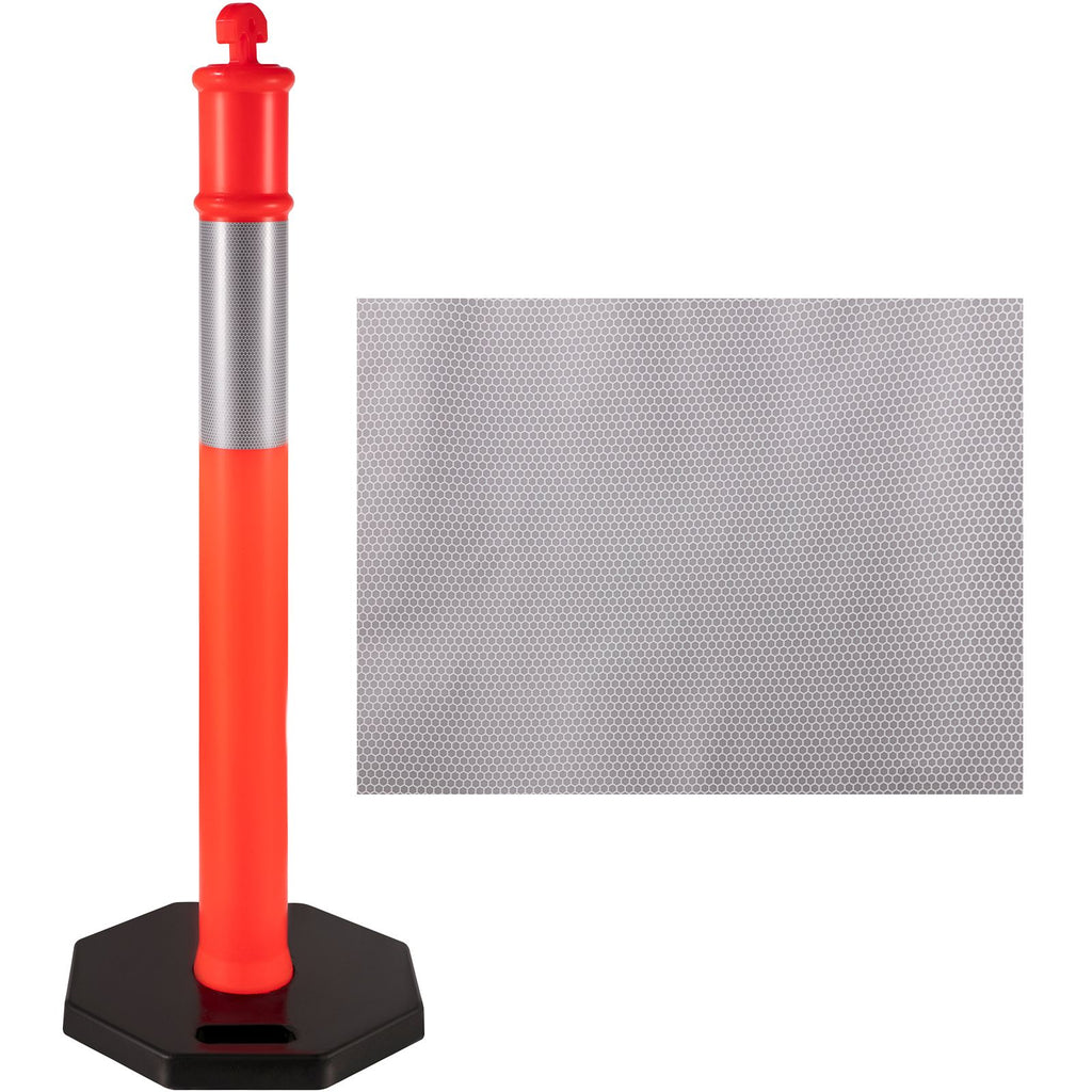 10Pack Traffic Delineator Posts 44 Inch Height, PE Channelizer Cones Post Kit 10 inch Reflective Band, Delineators Post with Rubber Base 16 inch for Construction Sites, Facility Management etc.