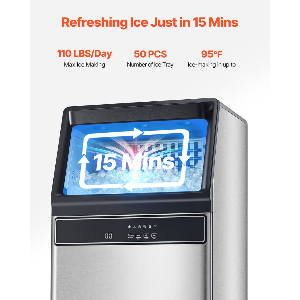 110lbs/24H Commercial Ice Maker Machine, 33lbs Storage Capacity Ice Maker with Drain Pump, 50 Ice Cubes in 15 Minutes, LED Digital Display Freestanding Self-Cleaning for Bar Office Restaurant image 2
