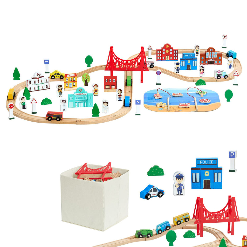 113PCS Wooden Train Set, for Kids Ages 3-8, Wood Train Track Toy with Storage Box, City Scene Railway Playset, Compatible with Major Brands, Christmas Birthday Toy for Toddlers Boys and Girls
