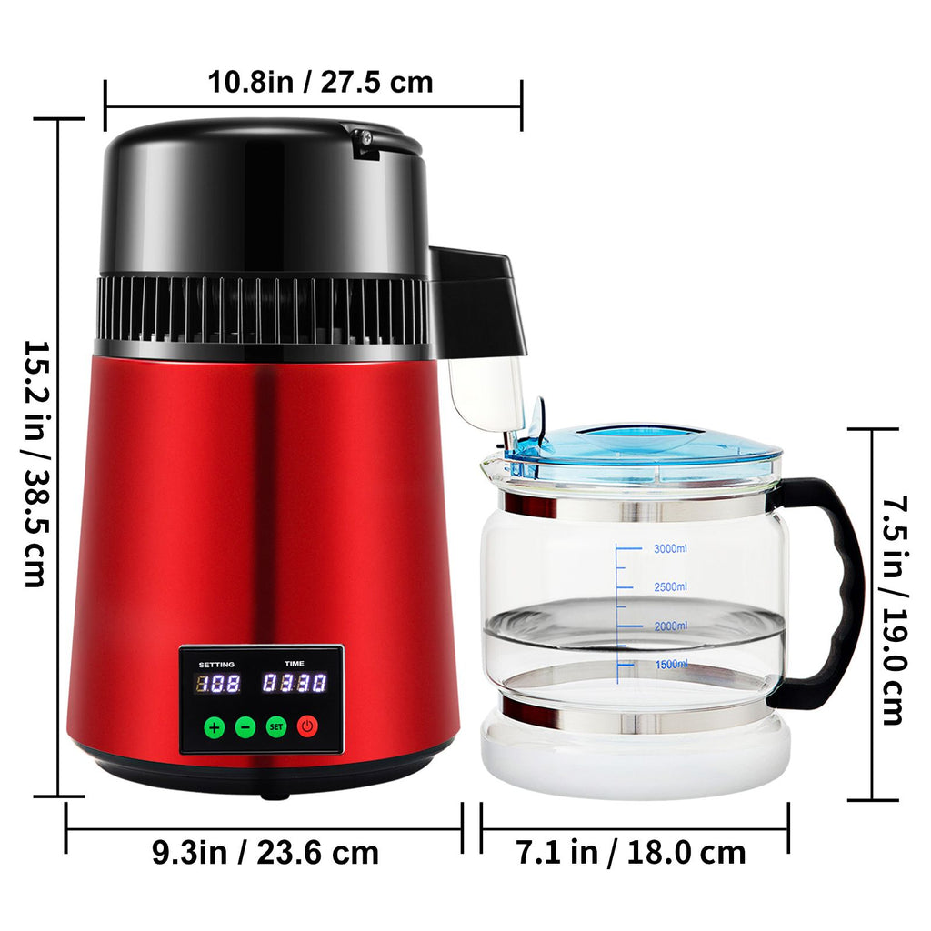 1.1Gal Water Distiller, 0.3Gal/H, 750W Distilled Water Maker Machine 0-99H Timing Setting Temp Display, 304 Stainless Steel Countertop Distiller Glass Carafe Cleaning Powder 3 Carbon Packs, Red