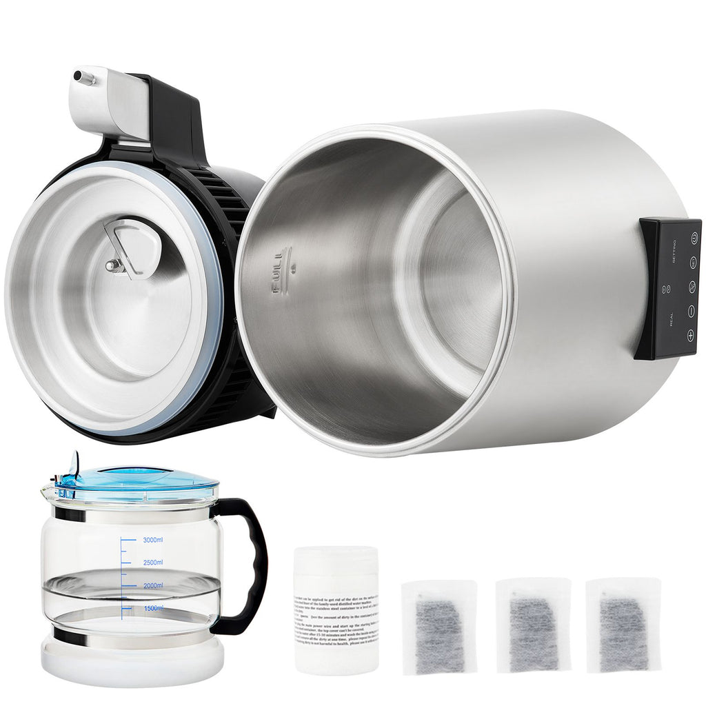 1.1Gal Water Distiller, 0.4Gal/H, Distilled Water Maker Machine 1750W 0-99H Timing Dual Temp Display, 304 Stainless Steel Countertop Distiller Glass Carafe Cleaning Powder 3 Carbon Packs, Silver
