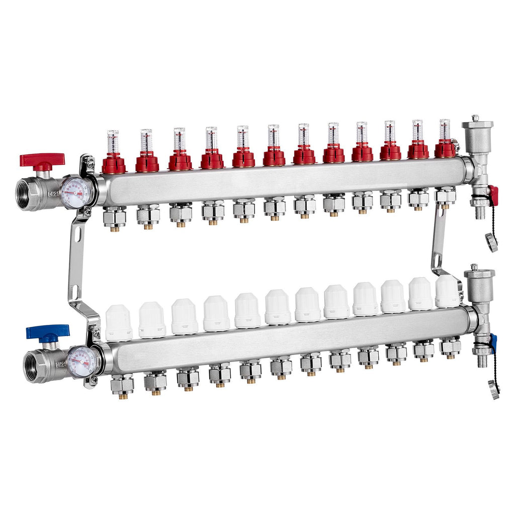 12-Branch Radiant Heat Manifold, 1/2" PEX Tubing Manifold, Stainless Steel PEX Manifold for Hydronic Radiant Floor Heating, Radiant Heat PEX Manifold Kit with 1/2" Adapters Included