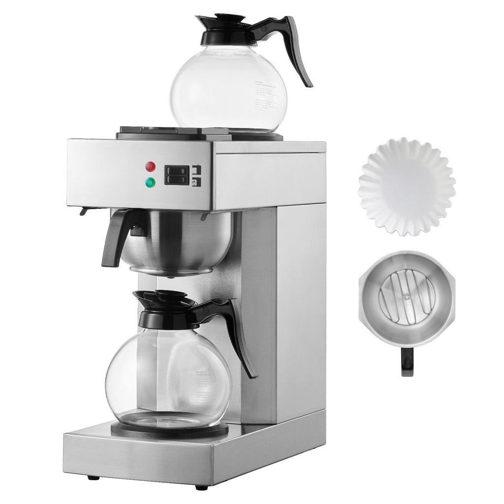 12 Cups Commercial Drip Coffee Maker, Coffee Maker Machine with 2 Glass Carafes and 2 Warmer Plates, Stainless Steel Pour Over Coffee Brewer for Restaurant, Office, Cafe