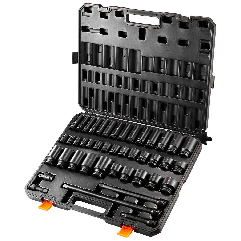 1/2" Drive Impact Socket Set, 43 Piece Deep & Shallow Socket Set SAE 3/8" to 1-1/2", 6 Point Cr-Mo Alloy Steel for Auto Repair, Easy-to-Read Size Markings, Rugged Construction, Storage Case
