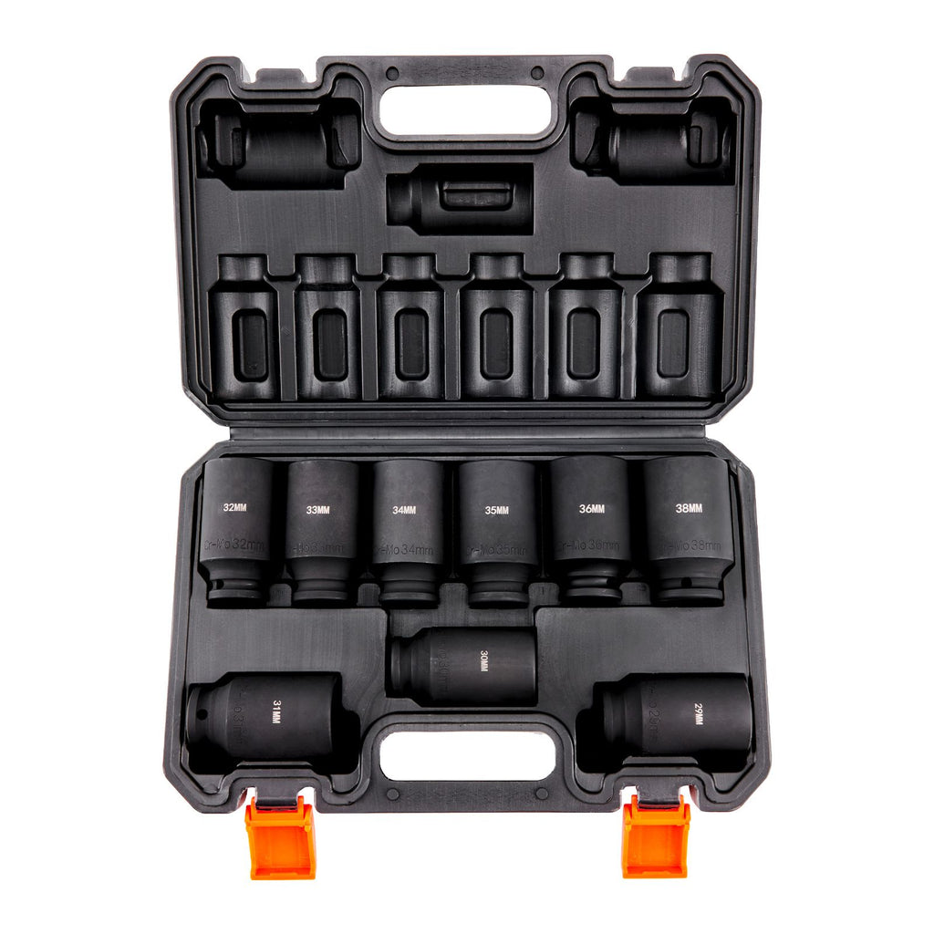 1/2" Drive Impact Socket Set, 9 Piece Deep Socket Set Metric 29-38mm, 6 Point Cr-Mo Alloy Steel for Auto Repair, Easy-to-Read Size Markings, Rugged Construction, Includes Storage Case