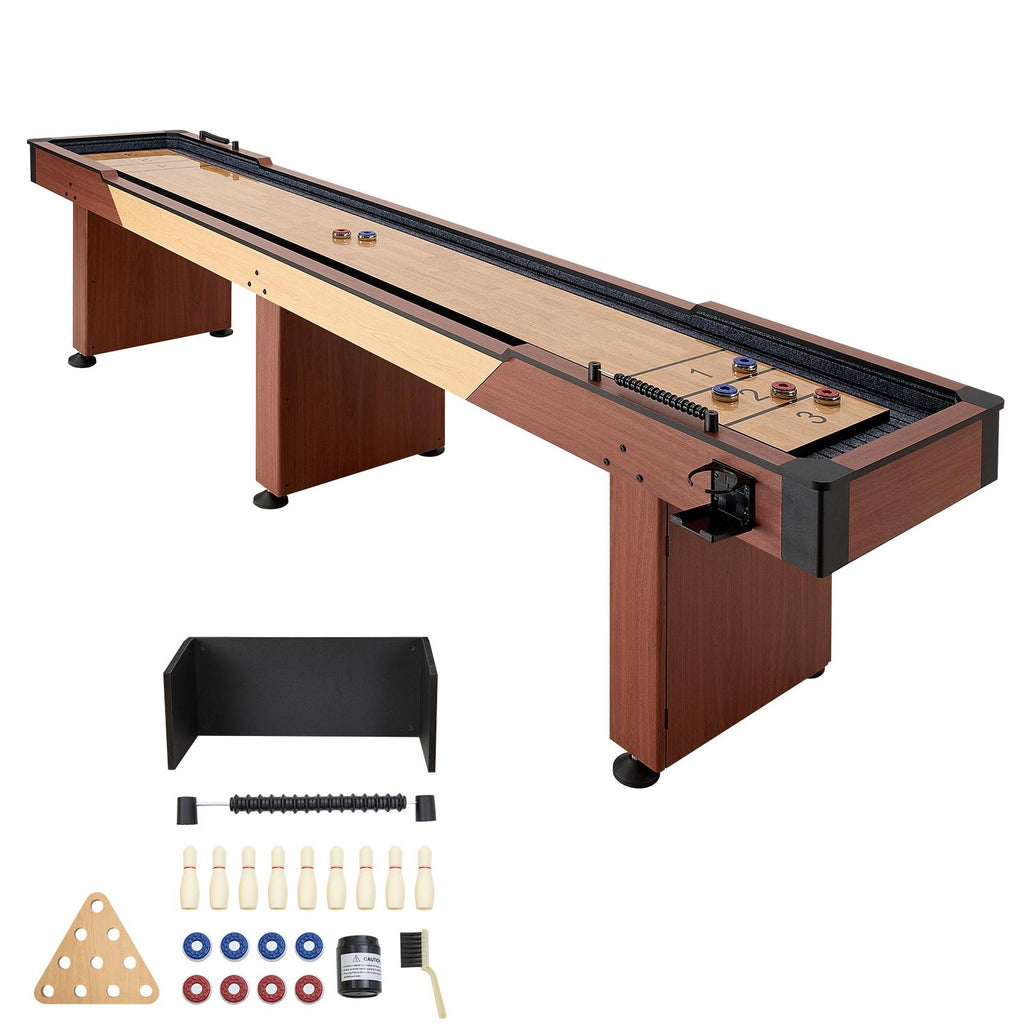 12 ft Shuffleboard Table, 2 in 1 Shuffleboard and Bowling Combo Set, Shuffle Board with Rustic Wood Finish, Scratch-Resistant Playfield, 8 Pucks, Bowling Set, Wax, Brush, for Family Game Room