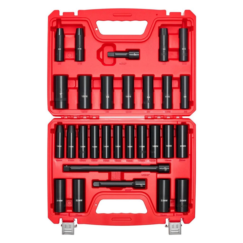 1/2 in Drive Impact Socket Set, 29 Piece, 6 Point Deep Impact Sockets, SAE (3/8 to 1 inch) and Metric (10 to 24 mm) Sizes with Extension Bars (3, 5, 10 in), Cr-V Steel, Heavy Duty Carrying Case