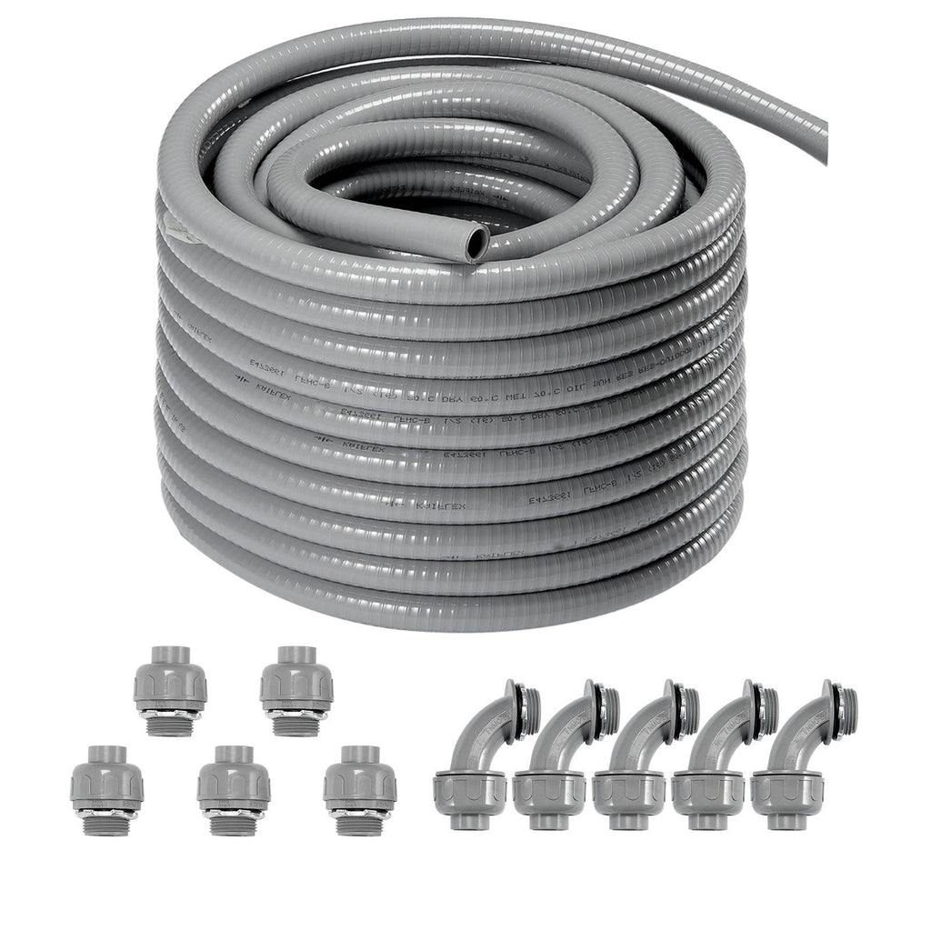 1/2-Inch Flexible Electrical Conduit, 100 ft, PVC Liquid-Tight Conduit Non-Metallic with 5 Straight and 5 90-Degree Conduit Connector Fittings, for Air Conditioning Motor Controller Pump, IP65