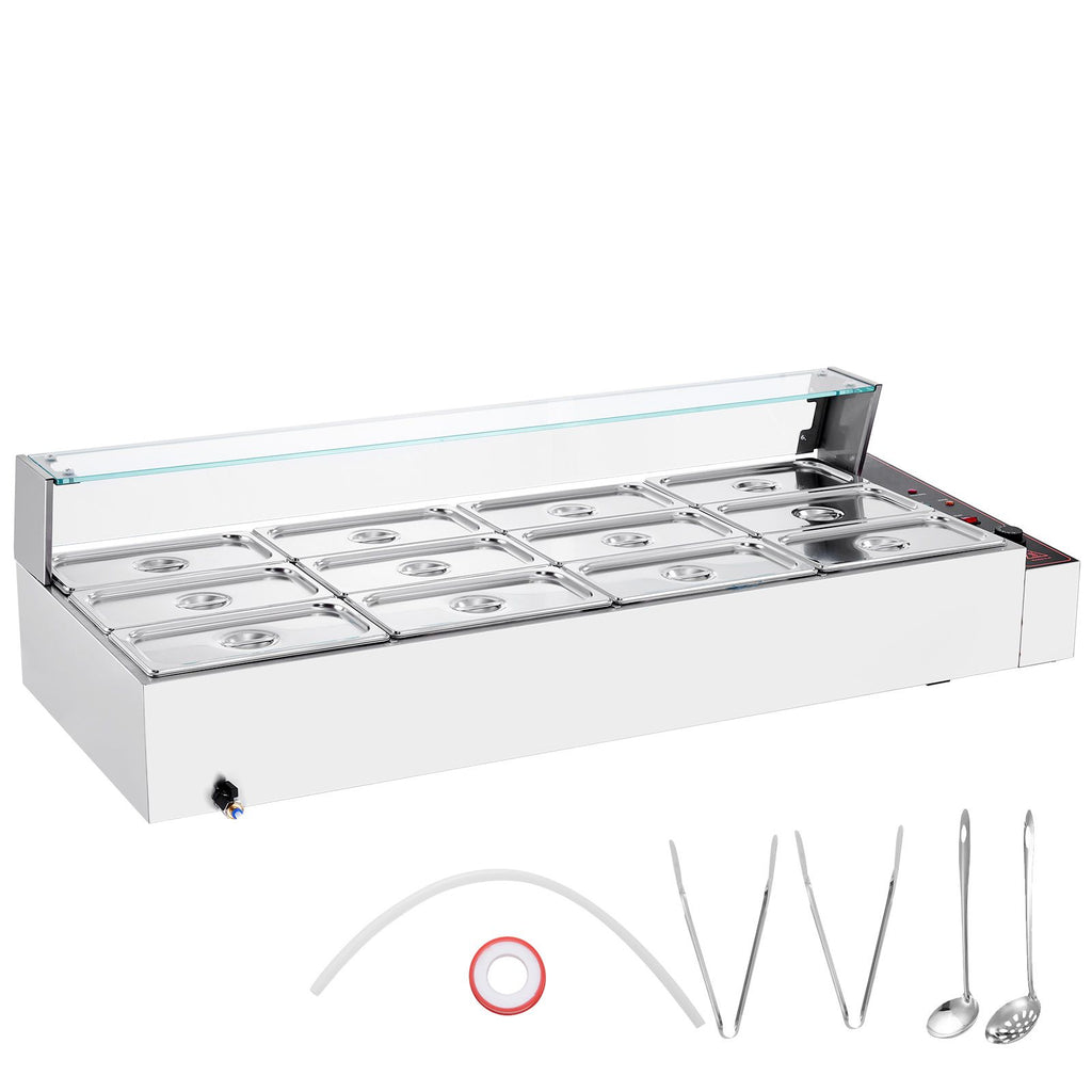 12-Pan Commercial Food Warmer, 12 x 5QT Electric Steam Table with Glass Cover, 1700W Countertop Stainless Steel Buffet Bain Marie 86-185 Fahrenheit Temp Control
