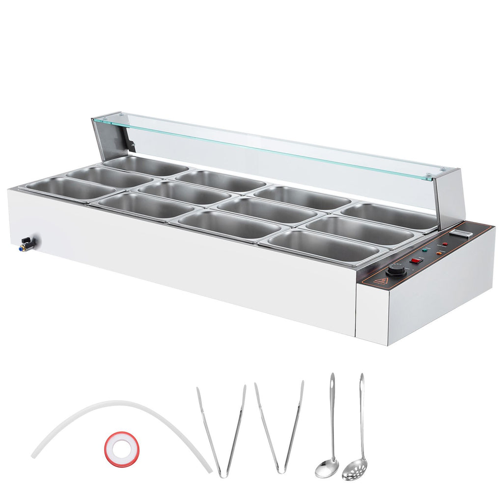 12-Pan Commercial Food Warmer, 12 x 5QT Electric Steam Table with Glass Cover, 3200W Countertop Stainless Steel Buffet Bain Marie w/ Thermometer 86-185 Fahrenheit Temp Control