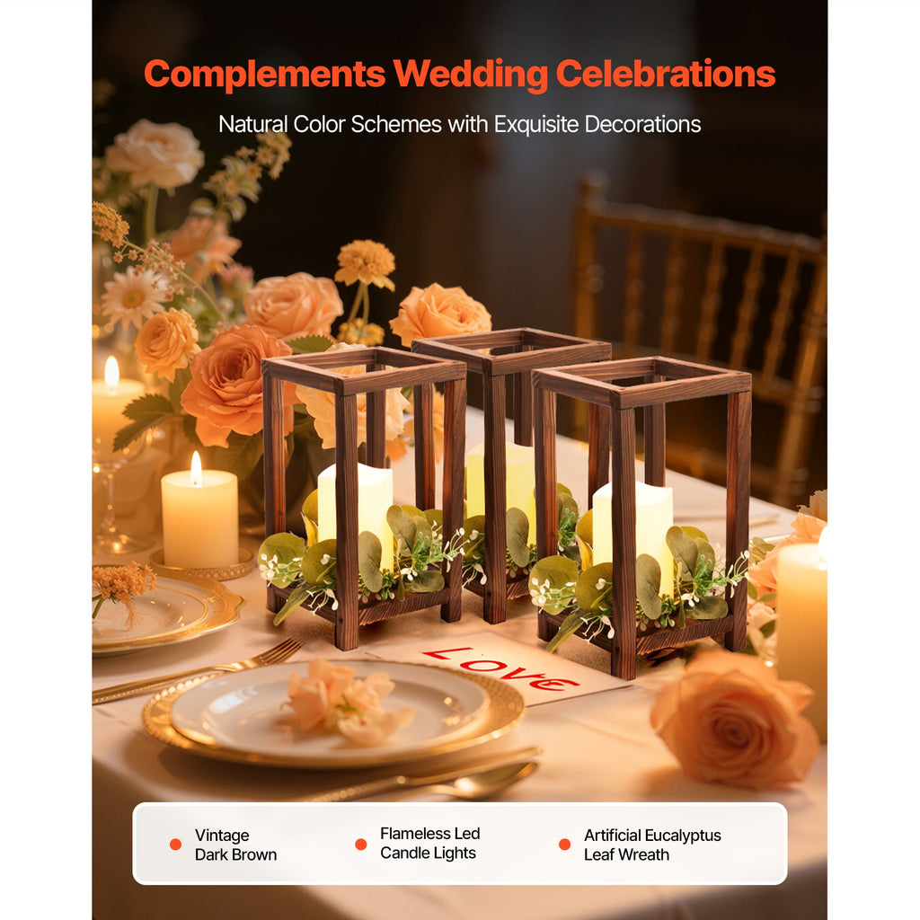 12 Set/36 Pcs Wooden Wedding Lantern Centerpiece, Includes 12 Wooden Lantern Candle Holder 12 Flameless LED Candle 12 Eucalyptus Leaves Wreath for Wedding Table Party Farmhouse Decor, Brown image 2
