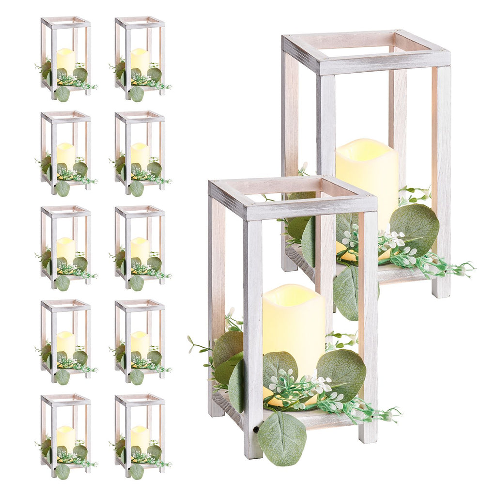 12 Set/36 Pcs Wooden Wedding Lantern Centerpiece, Includes 12 Wooden Lantern Candle Holder 12 Flameless LED Candle 12 Eucalyptus Leaves Wreath for Wedding Table Party Farmhouse Decor, White