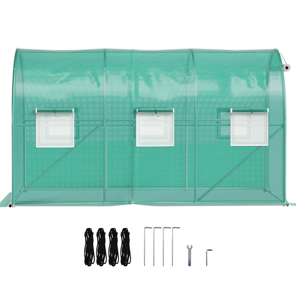 12 x 7 x 7 ft Walk-in Tunnel Greenhouse, Portable Plant Hot House with Galvanized Steel Hoops, 1 Top Beams, 2 Diagonal Poles, 1 Zippered Door & 6 Roll-up Windows, Green