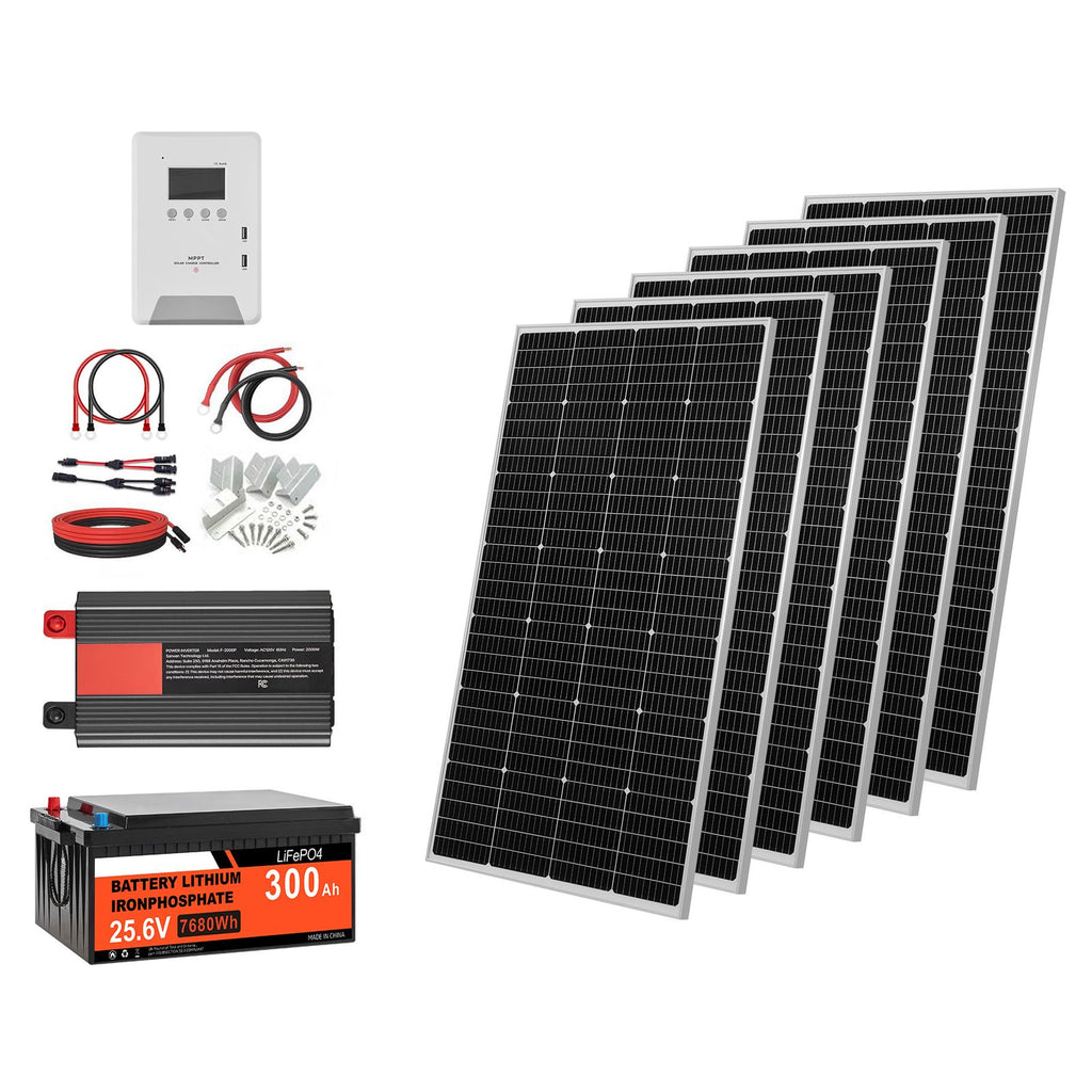 1200W 24V Complete Solar Power Kit, 6*200W Monocrystalline Panels + 25.6V 300Ah LiFePO4 Battery + 60A MPPT Charge Controller + 3KW Power Inverter, High Output Solar Kit for Large House Shed Farm