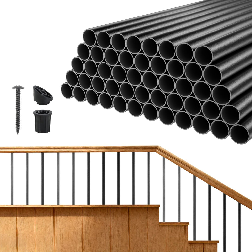 125 Pack Deck Balusters, 36 in Aluminum Railing Spindles, 3/4 in Diameter Hollow Round Metal Decking Stair Balusters with Connectors, Screws, for Deck, Porch & Staircase Railing Fence, Black