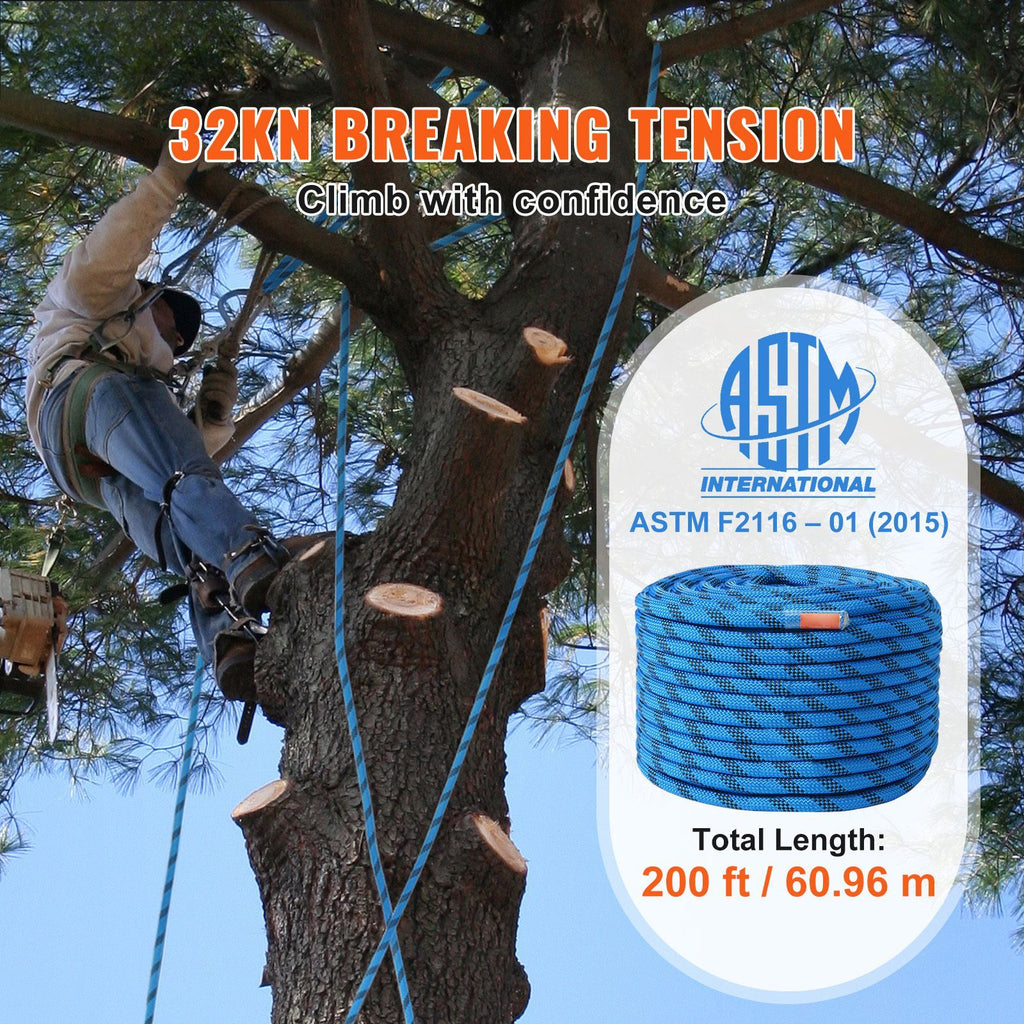 12.7mm Static Climbing Rope, 60.9M(200ft) Outdoor Rock Climbing Rope 30KN Breaking Tension, Fiber Rope for Escape, Rappelling, Fire Rescue, Blue