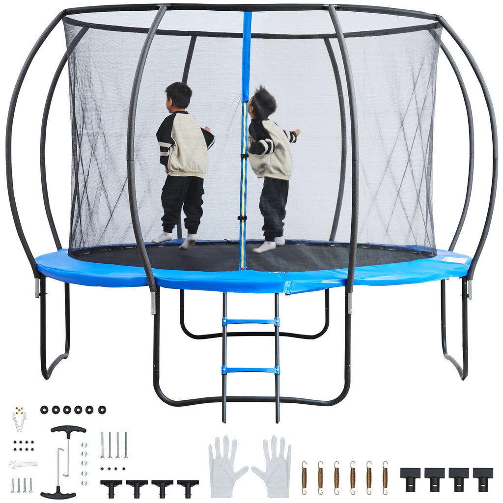 12FT Trampoline, 400 lbs Trampoline with Enclosure Net, Ladder, and Curved Pole, Heavy Duty Trampoline with Jumping Mat and Spring Cover Padding, Outdoor Recreational Trampolines for Kids Adults