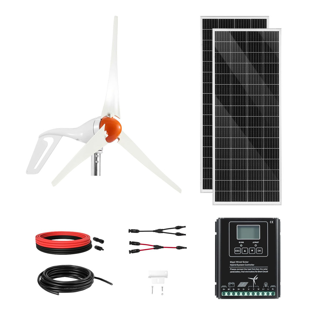 12V 400W Solar Wind Power Kit, 2PCS 100W Monocrystalline Solar Panels + 200W Wind Turbine + MPPT Wind/Solar Hybrid System Controller for Home RV Boat Camping Off-Grid Applications