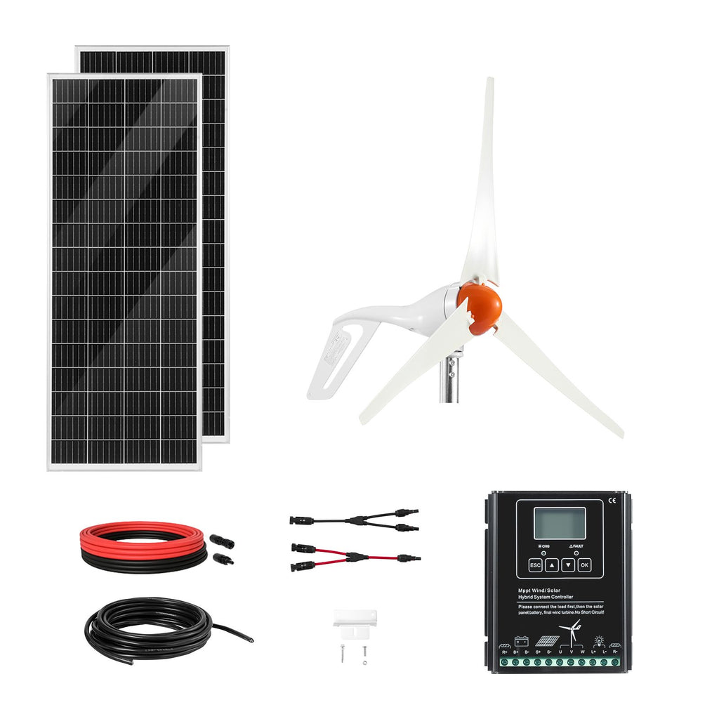 12V 400W Solar Wind Power Kit, 2PCS 100W Monocrystalline Solar Panels + 200W Wind Turbine + MPPT Wind/Solar Hybrid System Controller for Home RV Boat Camping Off-Grid Applications
