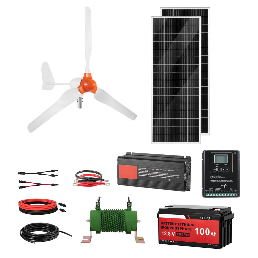 12V 600W Solar Wind Power Kit, 2PCS 100W Solar Panel + 400W Wind Turbine + 12.8V 100Ah LiFePO4 Battery + 1000W Power Inverter + MPPT Wind/Solar Hybrid Controller for Home RV Boat Farm Off-Grid