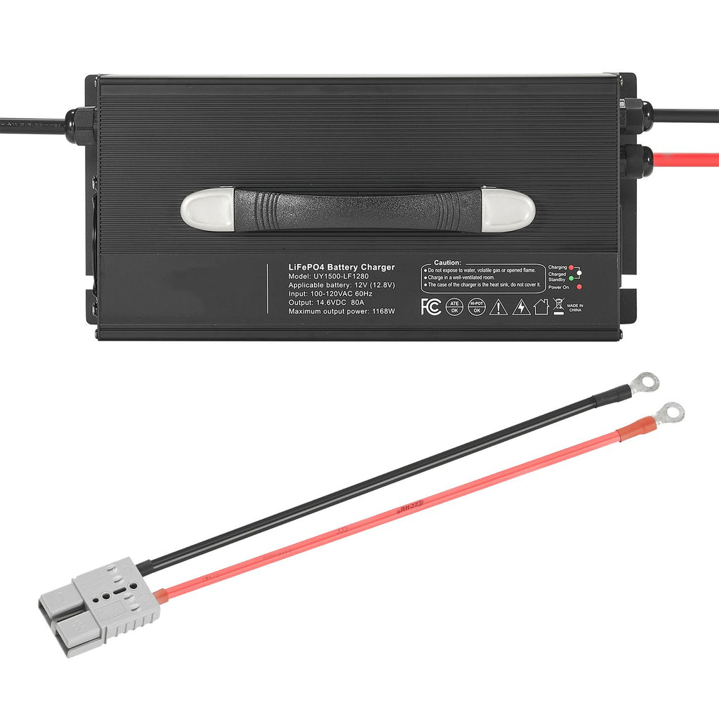 12V 80A Lithium Battery Charger, 14.6V, AC-DC LiFePO4 Smart Charger, with Anderson Connector, LED Indicator, 0V Activation, for Lithium LiFePO4 Deep Cycle Rechargeable Batteries of Boat, RV