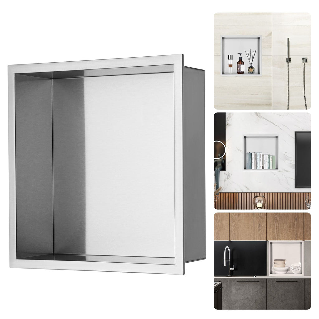 13"x13" No Tile Shower Niche 304 Stainless Steel, Wall-Inserted Niche Recessed Double Shelves, Sealed Waterproof Rust-Resistant Modern Niche for Shower Bathroom Soap Storage, Silver