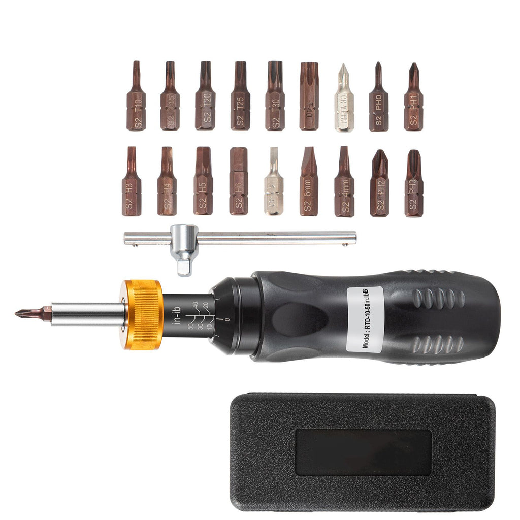 1/4" Drive Torque Screwdriver Wrench Set, 10-50 in-lbs Torque Adjustment Range, Torque Range Accurate to ±5%, 5 in-lb Increment Torque Screwdriver with 18 Bits & Case