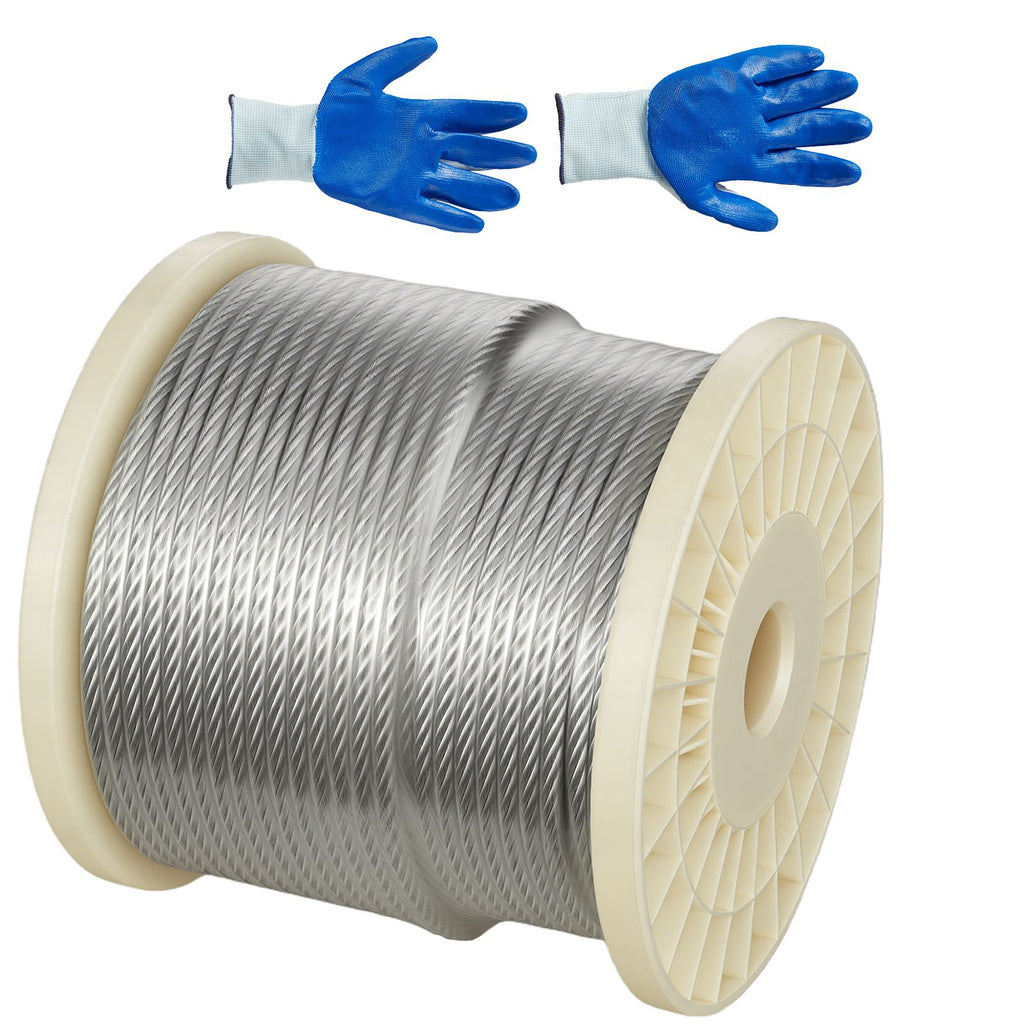 1/4 Inch Wire Rope, 250 ft Length, Zinc Galvanized Carbon Steel Cable with Gloves, 7000 lbs Breaking Strength, 7 x 19 Strands Construction, Wire Cable for Deck Railing System, Garden Trellis