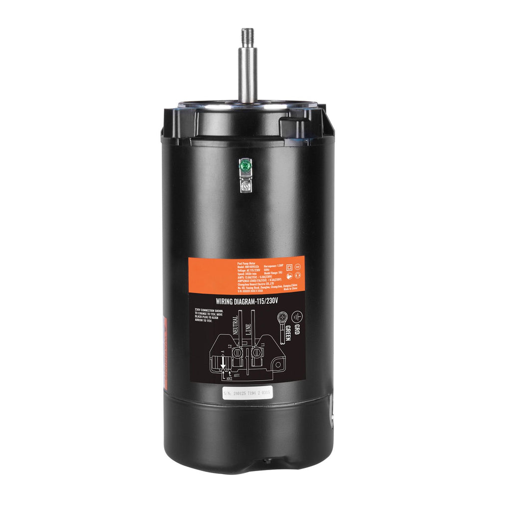 1.5 HP Pool Pump Motor, 56J Frame, 115V(13.6 Amps)/230V(6.8 Amps) 3450 RPM, 60Hz, 1.3 Service Factor, 90μF/250V Capacitor, CCW Rotation Round Flange Replacement Motor