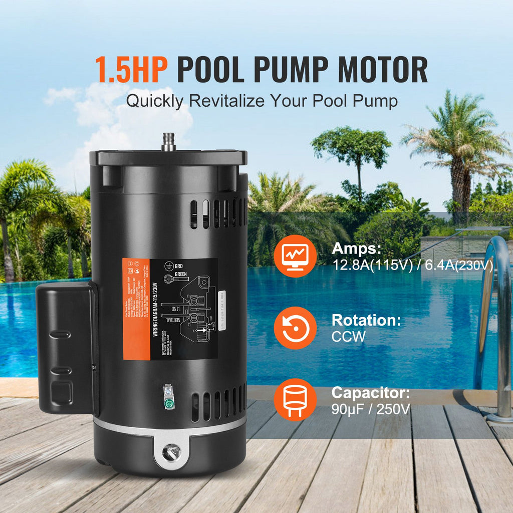 1.5 HP Pool Pump Motor, 56Y Frame, 115V((12.8 Amps))/230V(6.4 Amps) 3450 RPM, 60Hz, 1.1 Service Factor, 90μF/250V Capacitor, CCW Rotation Square Flange Replacement Motor image 2