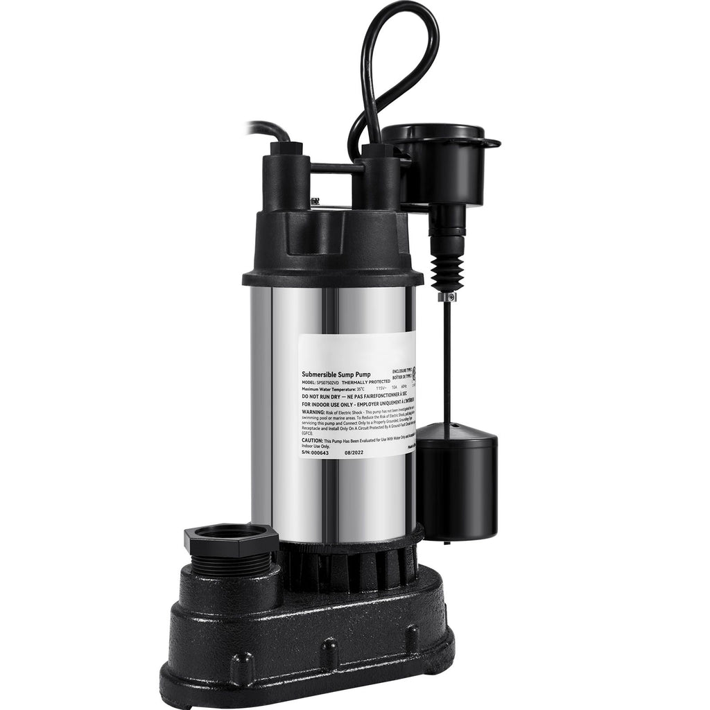 1.5 HP Submersible Cast Iron and Steel Sump Pump, 6000 GPH Submersible Water Pump with Integrated Vertical Float Switch, for Basement Water Basin and Flooding Area Tested to UL Standards