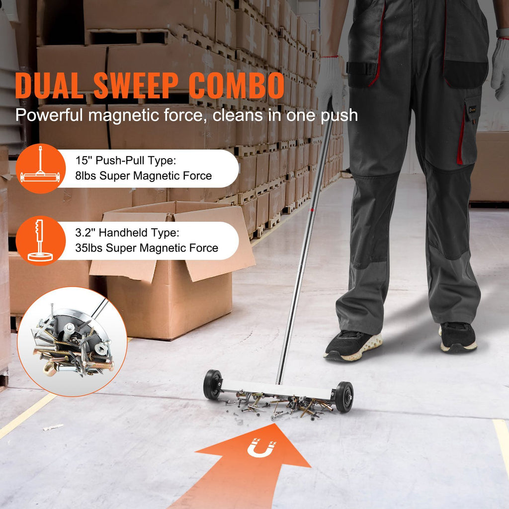 15-Inch Magnetic Sweeper with Wheels, 8 lbs Capacity, with Telescoping Magnetic Pickup Tool, Adjustable Handle, Magnetic Pickup Sweeper to Pick Up Nails and Screws, for Workshop, Garage, Yard