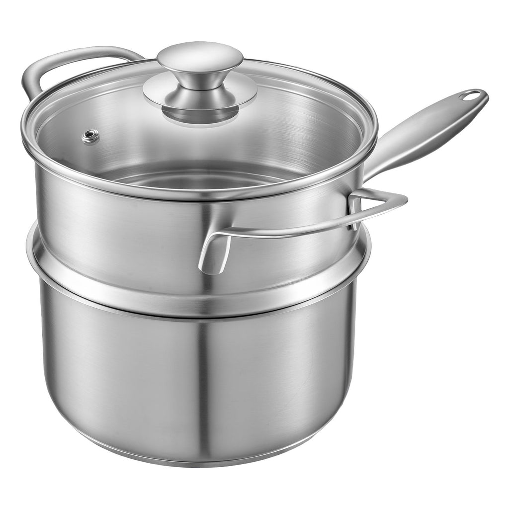 1.5 QT Saucepan with Steamer, Stainless Steel Saucepan with Glass Lid, Multipurpose Nonstick Stainless Steel Sauce Pot with Ergonomic Handle, Friendly for Oven, Dishwasher, Induction Cooker