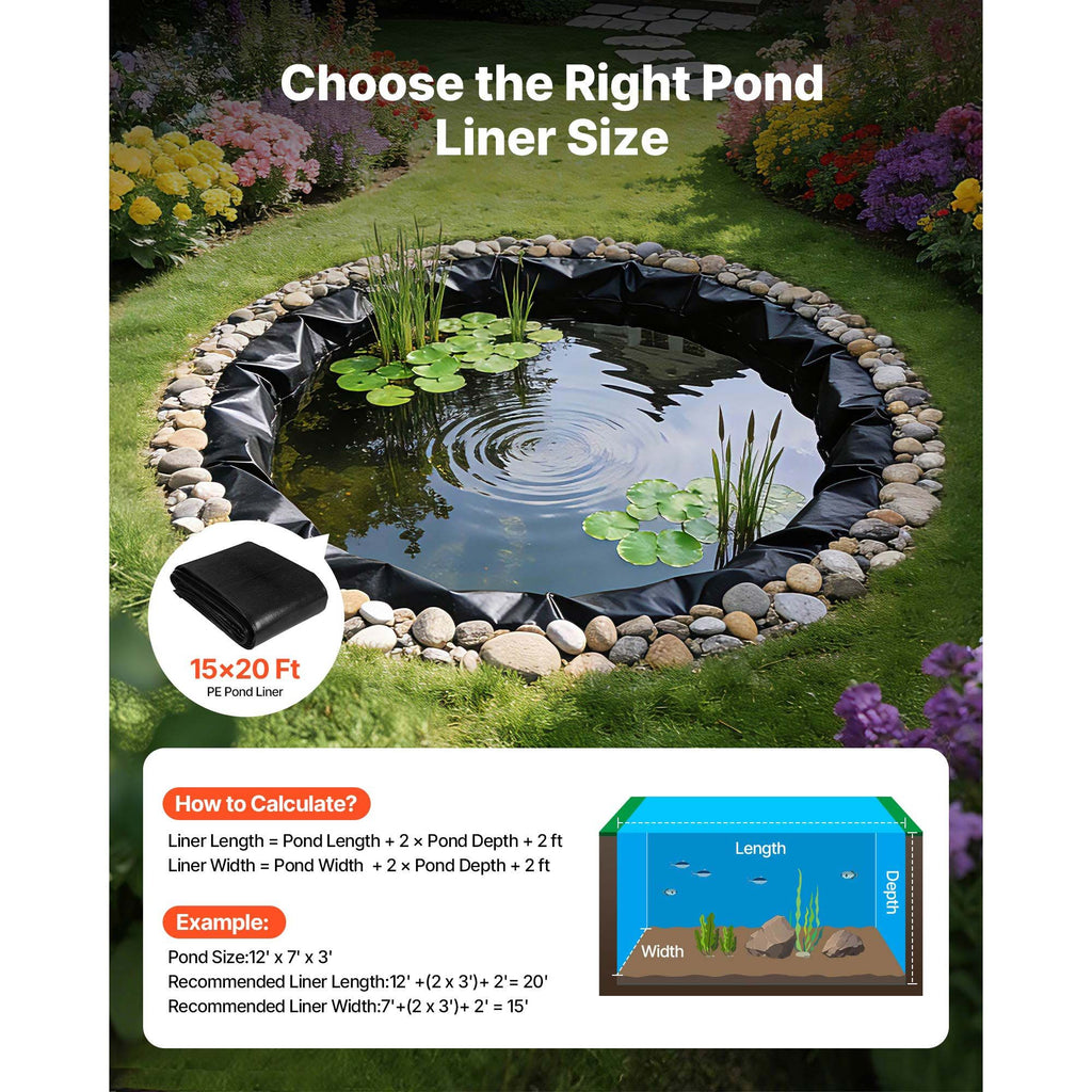 15 x 20 ft Pond Liner, 14 Mil Thickness, 3-Layer Reinforced PE Fish Koi Pond Liner for Outdoor Ponds, with Hemmed Edge and 4 Metal Buttonholes, for Water Garden, Waterfall, and Fountains, Black image 2