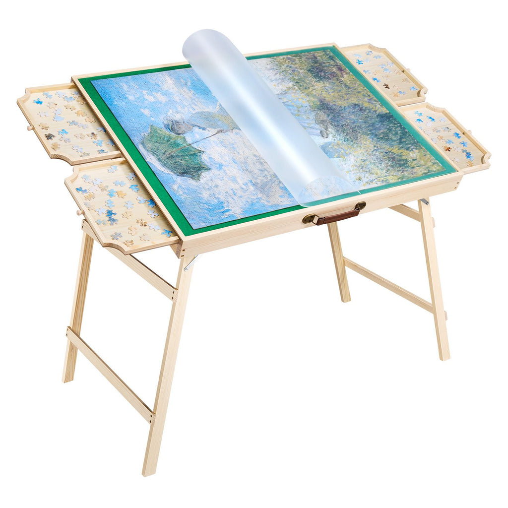 1500 Piece Puzzle Table with Folding Legs, 4 Drawers and Cover, 34x25 in Portable Wooden Board, Felt Surface Jigsaw Puzzle Accessories for Adults, Adjustable 6-Tilting-Angle, Gift for Mom