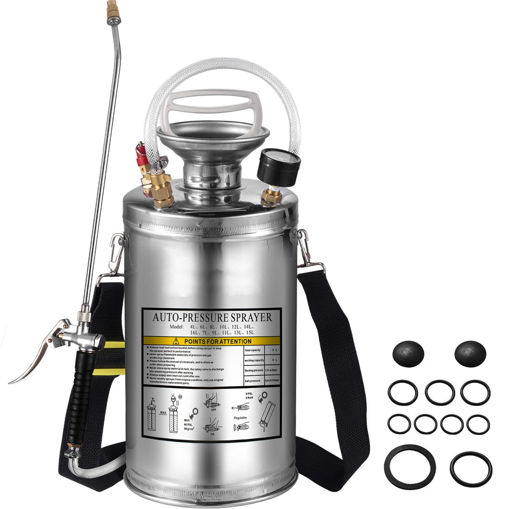 1.5Gal Stainless Steel Sprayer, Set with 16\" Wand& Handle& 3.3FT Reinforced Hose, Hand Pump Sprayer with Pressure Gauge&Safety Valve, Adjustable Nozzle Suitable for Gardening& Sanitizing