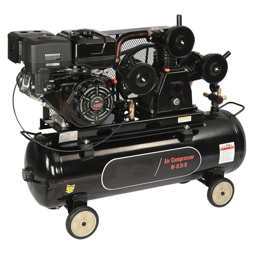 15HP Gas Powered Air Compressor, 30 Gallon Horizontal Air Compressor Tank, 33CFM@115PSI Gas Driven Piston Pump Air Compressed System with 115PSI Max Pressure for Construction Sites Workshop